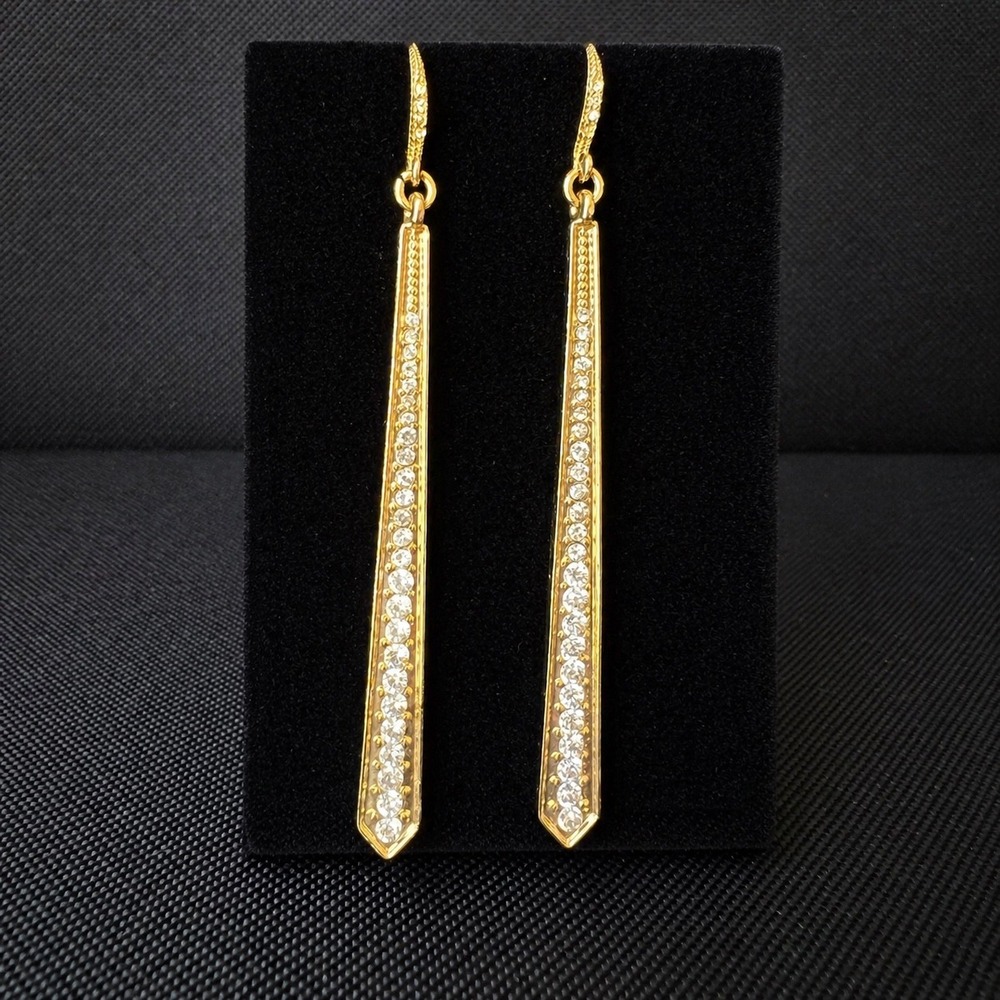 Gold Tone Pave Crystal Tapered Bar Linear Drop‎ Earrings French Wire Hook 3.25"